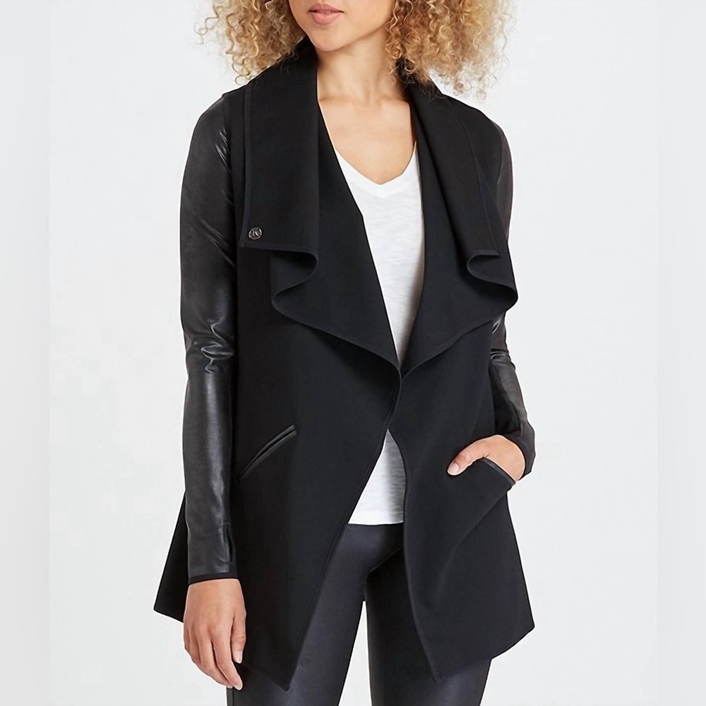 Spanx Ponte Leather Sleeve Drape Front Jacket